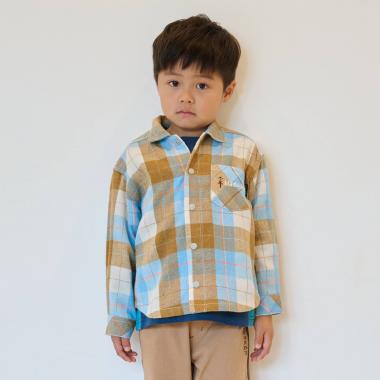 電車刺しゅう長袖チェックシャツ