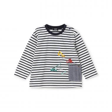 ポケットから働く車ボーダー長袖Tシャツ