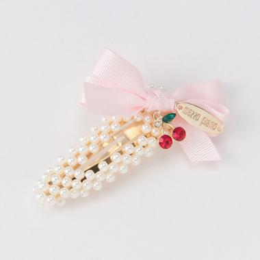 リボンチェリーパール調ビーズヘアクリップ