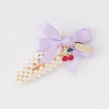 リボンチェリーパール調ビーズヘアクリップ