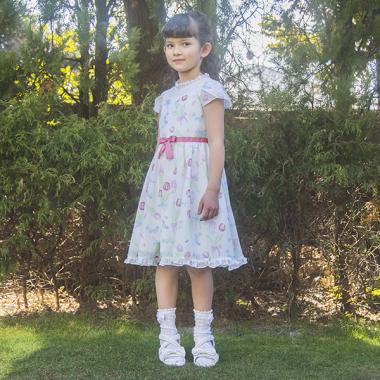 チューリップ柄ウエストリボンワンピース