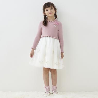 リブニット×チュール　ドッキングワンピース