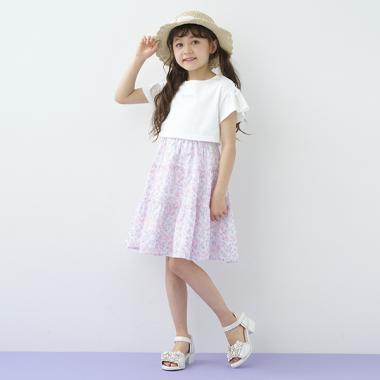 水彩フラワー柄ドッキングティアードワンピース