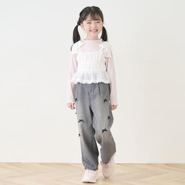 リボン　デニムワイドパンツ