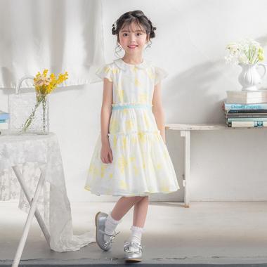 水彩ミモザ柄　衿付ワンピース