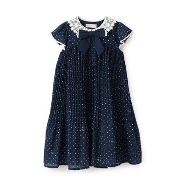 レース衿　ドットプリーツワンピース