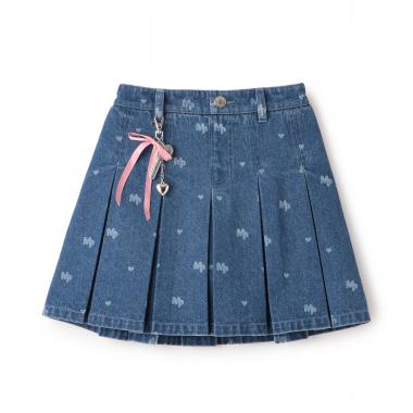 チャームつき　抜染総柄プリント　デニムスカパン