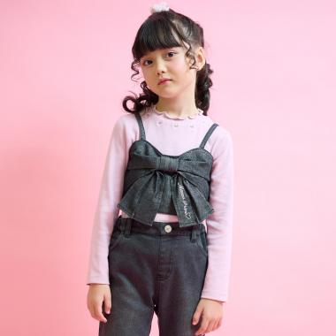 ラメデニムリボンビスチェ＆長袖Tシャツセット