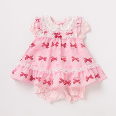 衿レースTシャツ×リボンボーダーエプロン×パンツ3点セット