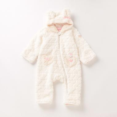 ウサギマスコットつきハート柄フェイクファーアウターオール