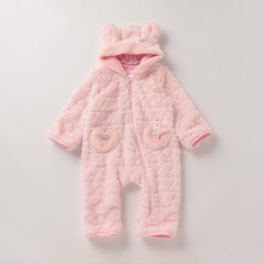 ウサギマスコットつきハート柄フェイクファーアウターオール