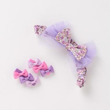 チュールフラワー柄ヘアバンド×リボンヘアクリップセット