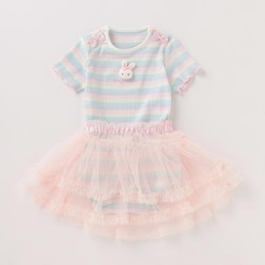 ウサギつきマルチボーダーロンパース×チュールスカートセット