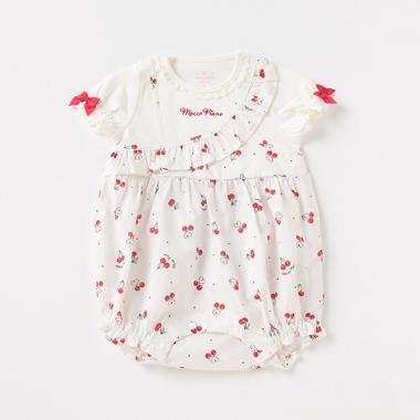チェリー柄切り替えフリルロンパース