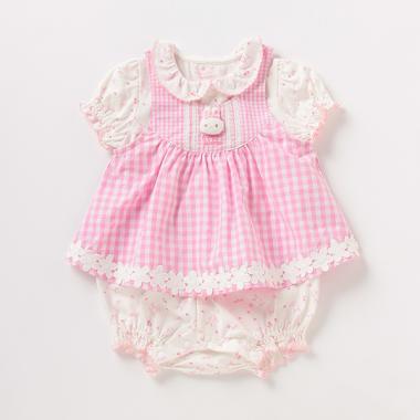 ウサギマスコットつきギンガムチェック柄エプロン×総柄ロンパースセット