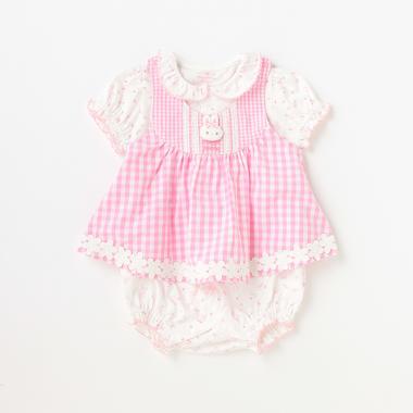 ウサギマスコットつきギンガムエプロンロンパース