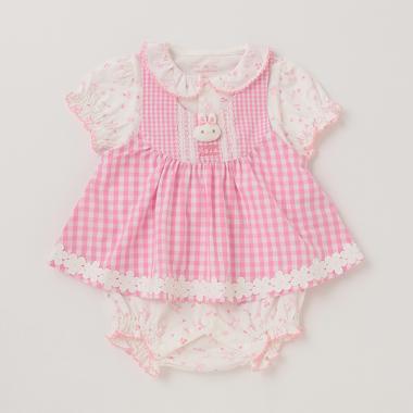 ウサギマスコットつきギンガムエプロン　ロンパース