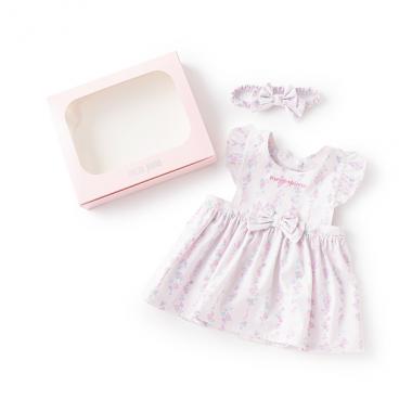 【BOX付】ストライプ花柄エプロン＆ヘアバンドセット