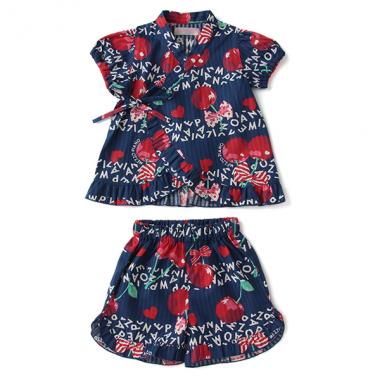 接触冷感 ロゴボーダー×チェリー柄フリル甚平