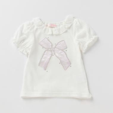 サテンリボンシアーチェック切り替えTシャツ