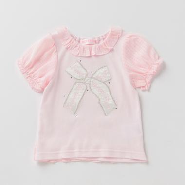 サテンリボンシアーチェック切り替えTシャツ