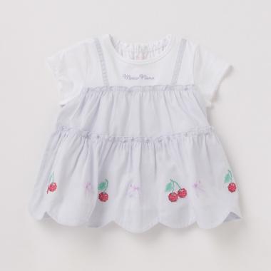 裾スカラップチェリー刺しゅうドッキングTシャツ