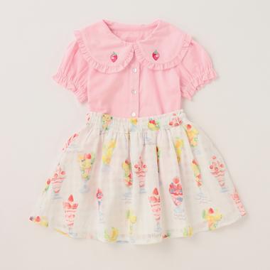 刺しゅう半袖ブラウス＆フルーツパフェ柄スカートセット