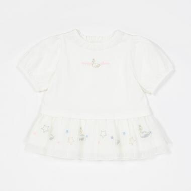 スワン刺しゅう裾フリル　5分袖チュニック