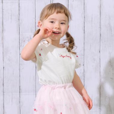 イチゴ刺しゅうチュール袖　Tシャツ