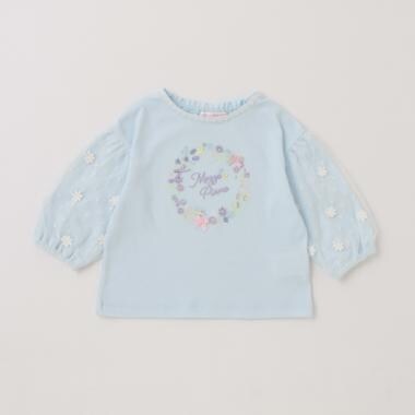 【人気商品再入荷】【直営店で取り扱い無し】花刺しゅう　袖チュール 8分袖Ｔシャツ