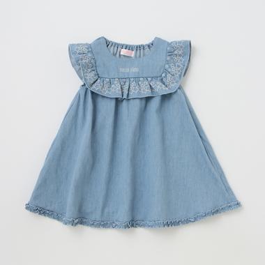 【人気商品再入荷】【直営店で取り扱い無し】デニム星刺しゅうフリル　ワンピース