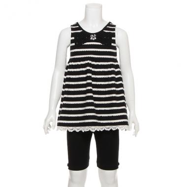 リボンレースつきスカラップボーダーチュニック×レギンスセット