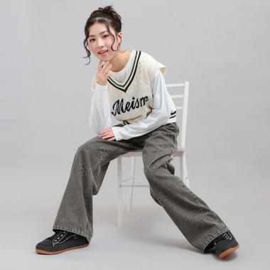 フラワー柄デニムロングパンツ