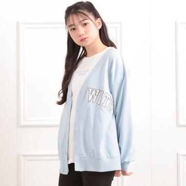 Vネックカレッジアップリケ裏毛カーディガン