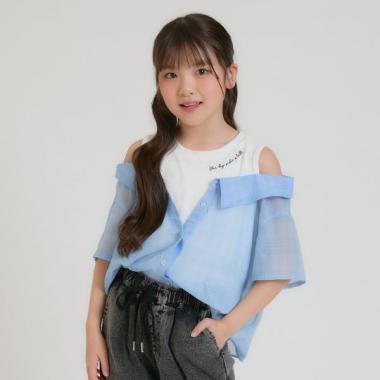 肩あきシアーチェックドッキングシャツ