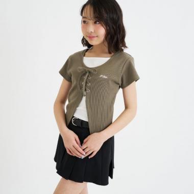 テレコレースアップ半袖トップス