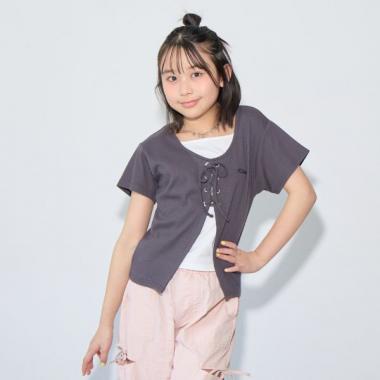 テレコレースアップ半袖トップス