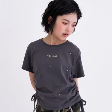 【接触冷感】ラインストーン脇ドロストTシャツ