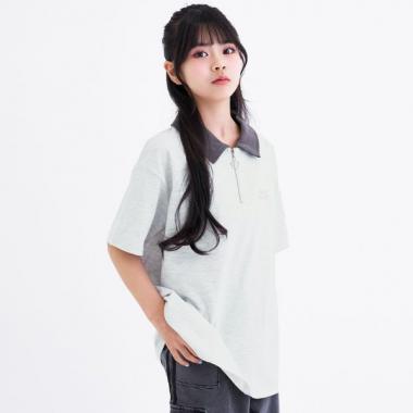 【接触冷感】バックハート衿つきハーフZIP半袖T