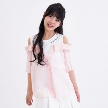 肩あきシアーチェックドッキングシャツ