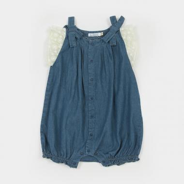 【カーバーオール/ロンパース】【オーシャン＆グラウンド】デニムリボンギャザーロンパス