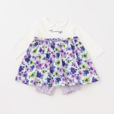 水彩花柄ワンピース+カバーパンツ