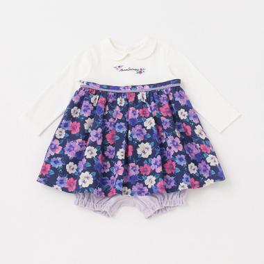 水彩花柄ワンピース+カバーパンツ