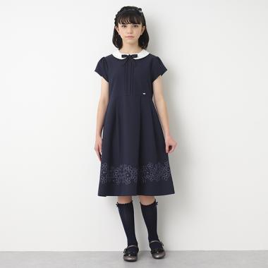 【セレモニーJr】衿つき裾フラワー刺しゅう半袖ワンピース