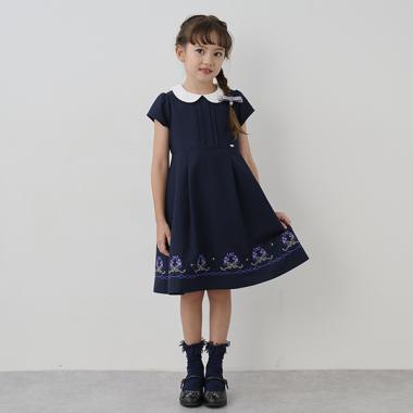 【セレモニー】裾刺しゅう半袖無地ワンピース