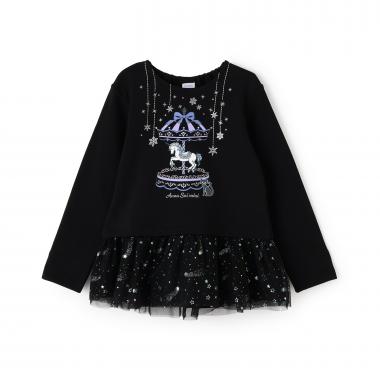 裾ペプラムチュールメリーゴーランドプリントトレーナー