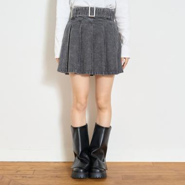 【LTXC】美脚見えベルトつきデニムプリーツスカート