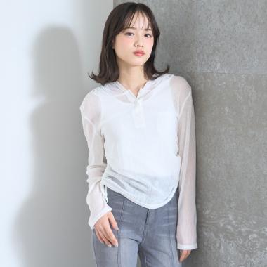 【LTXC】インナーつきシアーヘンリーフードニットカットソー