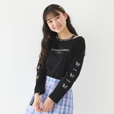 衿スリットロゴ×蝶プリントTシャツ