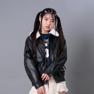 衿ファー合成皮革ジャケット